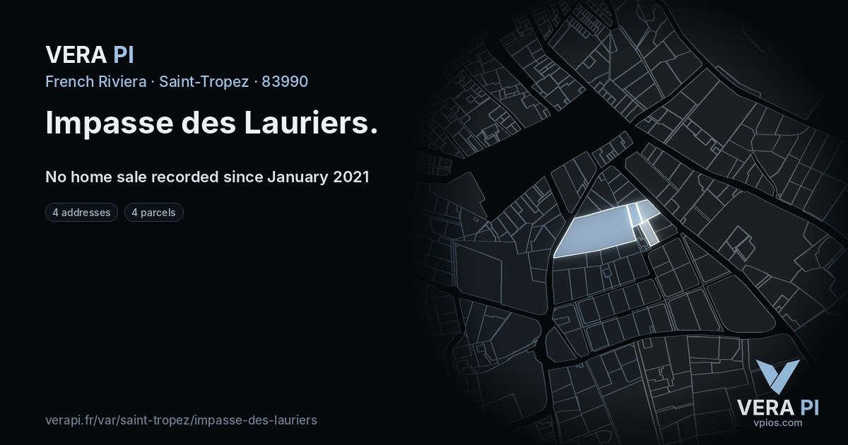 Impasse des Lauriers, Saint-Tropez at night – every parcel coloured by the prices around it, the street's own parcels lit