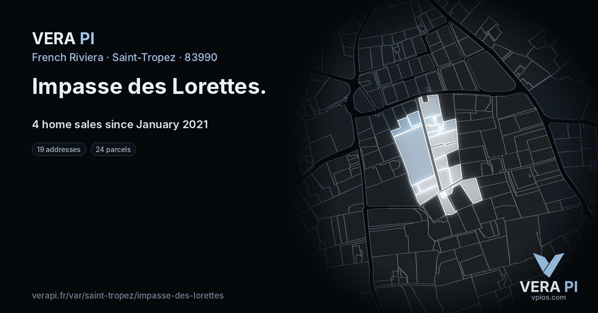 Impasse des Lorettes, Saint-Tropez at night – every parcel coloured by the prices around it, the street's own parcels lit