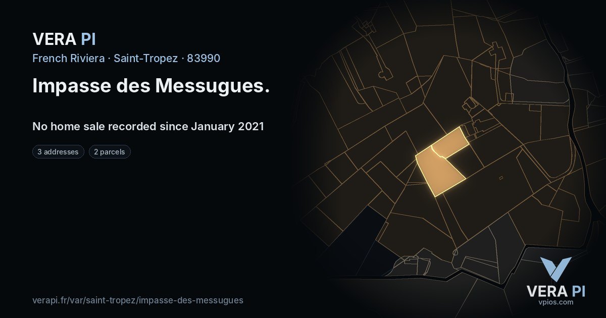 Impasse des Messugues, Saint-Tropez at night – every parcel coloured by the prices around it, the street's own parcels lit