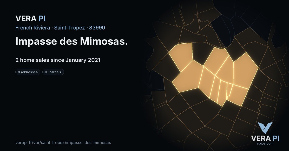 Impasse des Mimosas, Saint-Tropez at night – every parcel coloured by the prices around it, the street's own parcels lit