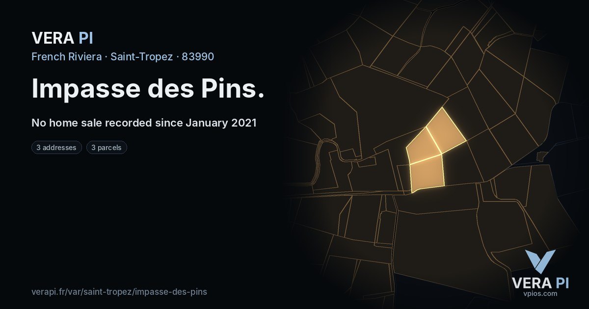 Impasse des Pins, Saint-Tropez at night – every parcel coloured by the prices around it, the street's own parcels lit
