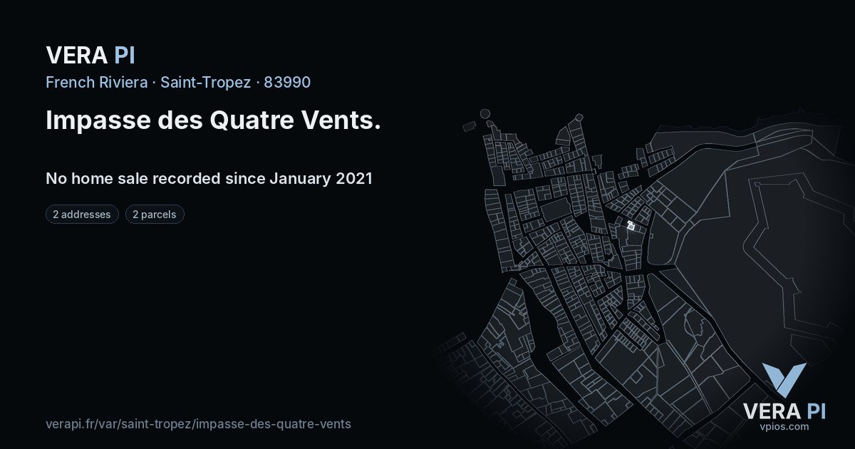 Impasse des Quatre Vents, Saint-Tropez at night – every parcel coloured by the prices around it, the street's own parcels lit