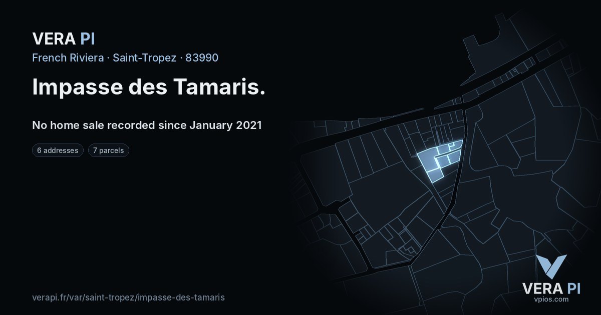 Impasse des Tamaris, Saint-Tropez at night – every parcel coloured by the prices around it, the street's own parcels lit