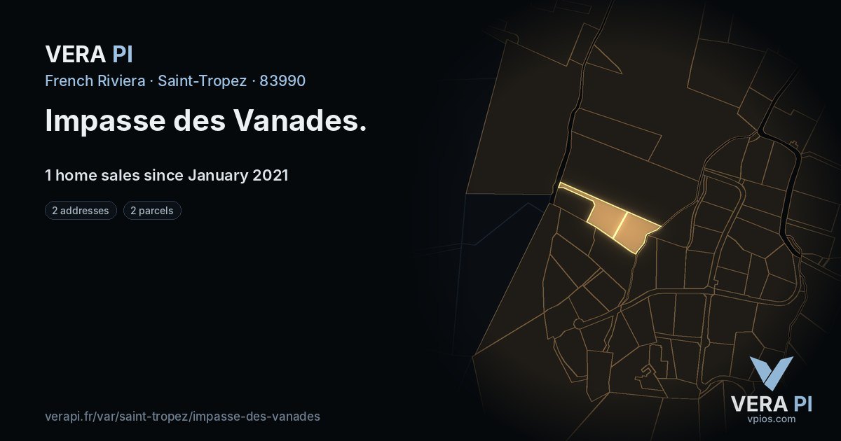Impasse des Vanades, Saint-Tropez at night – every parcel coloured by the prices around it, the street's own parcels lit