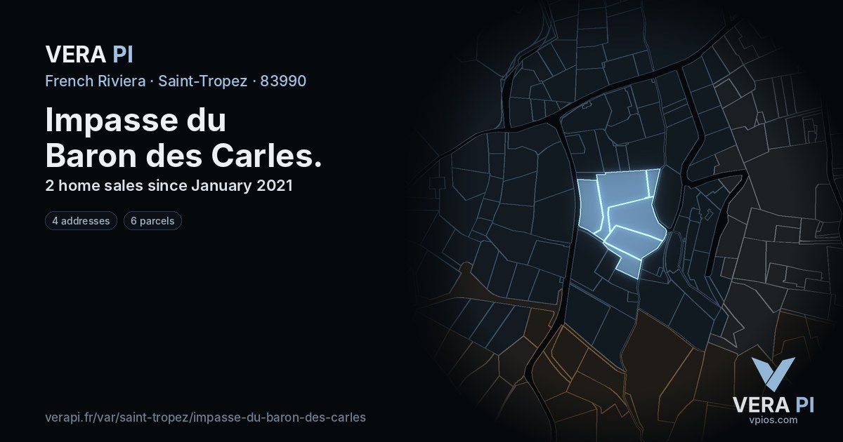 Impasse du Baron des Carles, Saint-Tropez at night – every parcel coloured by the prices around it, the street's own parcels lit