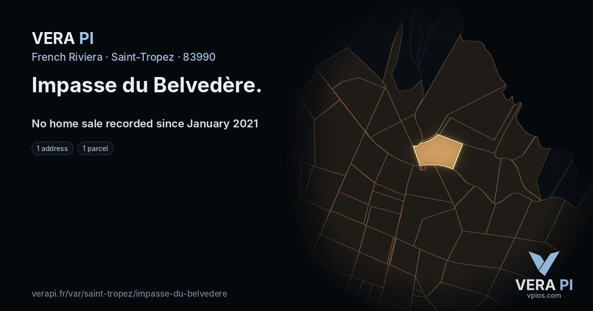 Impasse du Belvedère, Saint-Tropez at night – every parcel coloured by the prices around it, the street's own parcels lit