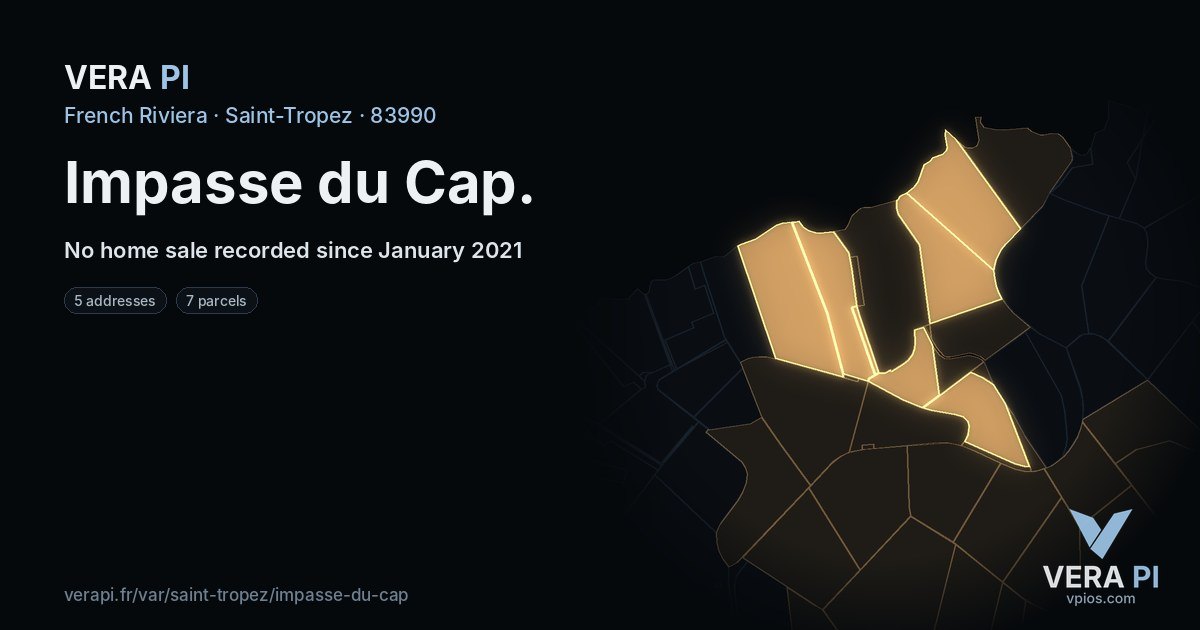 Impasse du Cap, Saint-Tropez at night – every parcel coloured by the prices around it, the street's own parcels lit