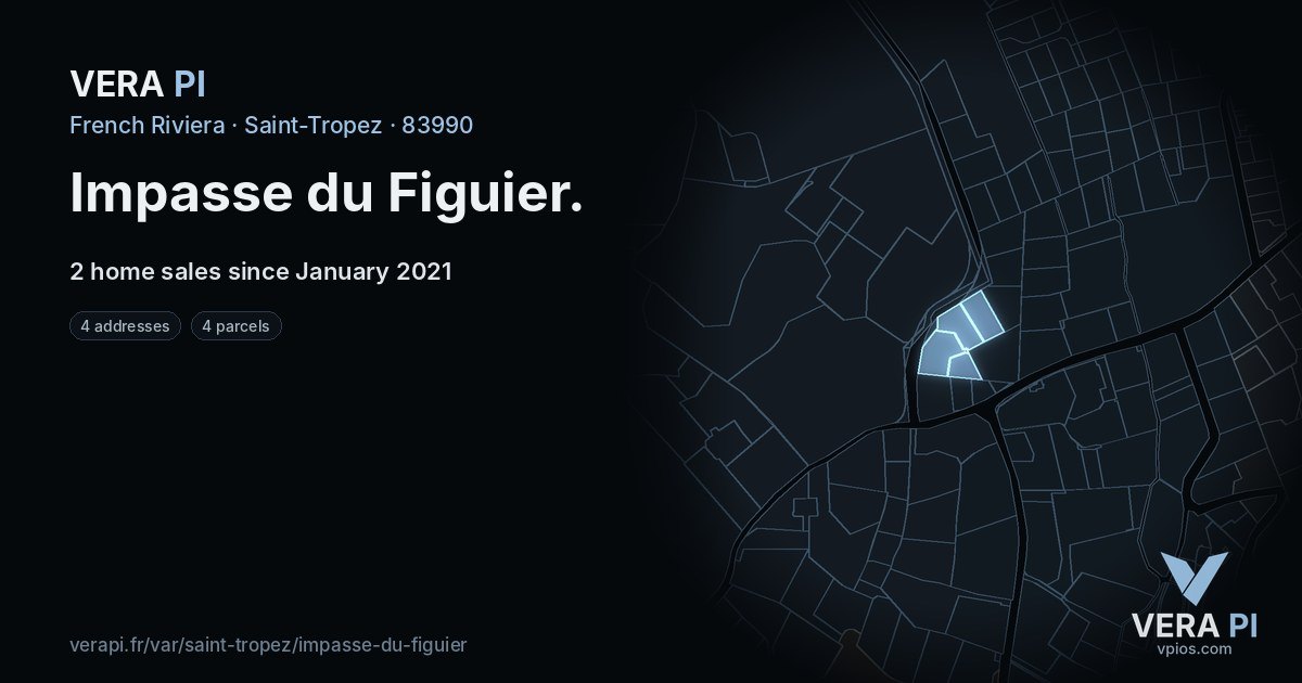 Impasse du Figuier, Saint-Tropez at night – every parcel coloured by the prices around it, the street's own parcels lit