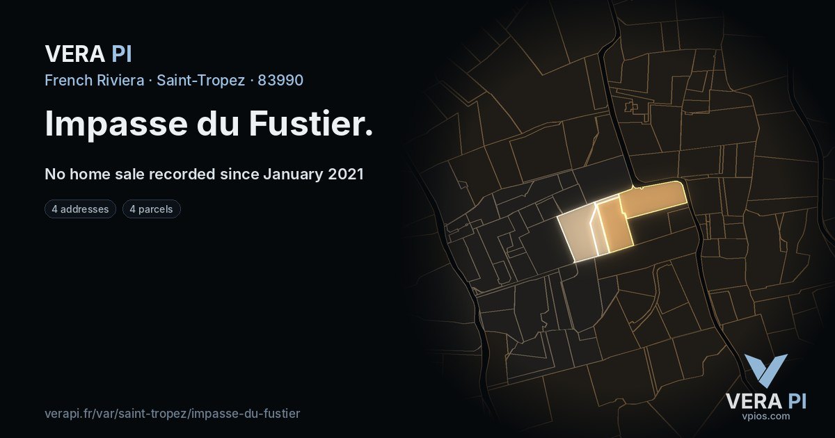 Impasse du Fustier, Saint-Tropez at night – every parcel coloured by the prices around it, the street's own parcels lit