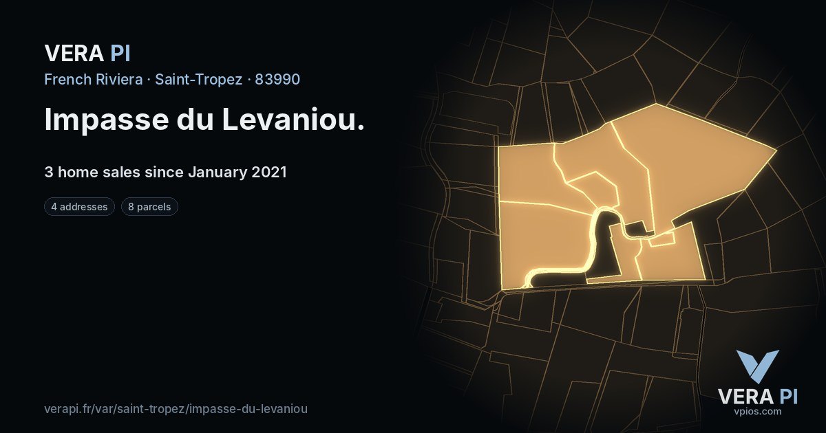 Impasse du Levaniou, Saint-Tropez at night – every parcel coloured by the prices around it, the street's own parcels lit