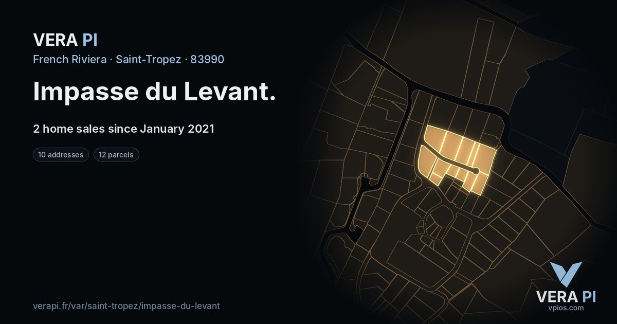 Impasse du Levant, Saint-Tropez at night – every parcel coloured by the prices around it, the street's own parcels lit