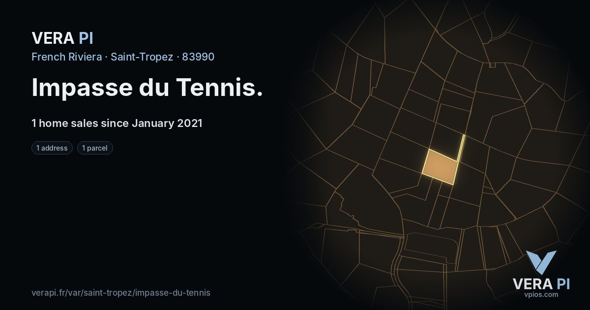 Impasse du Tennis, Saint-Tropez at night – every parcel coloured by the prices around it, the street's own parcels lit