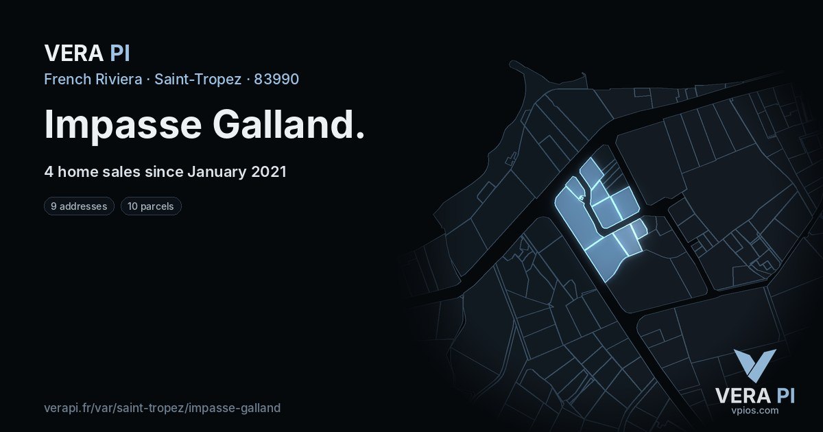 Impasse Galland, Saint-Tropez at night – every parcel coloured by the prices around it, the street's own parcels lit
