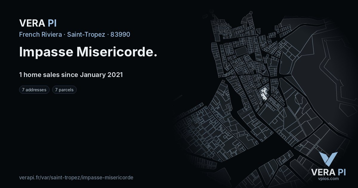 Impasse Misericorde, Saint-Tropez at night – every parcel coloured by the prices around it, the street's own parcels lit