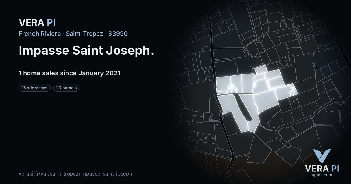 Impasse Saint Joseph, Saint-Tropez at night – every parcel coloured by the prices around it, the street's own parcels lit
