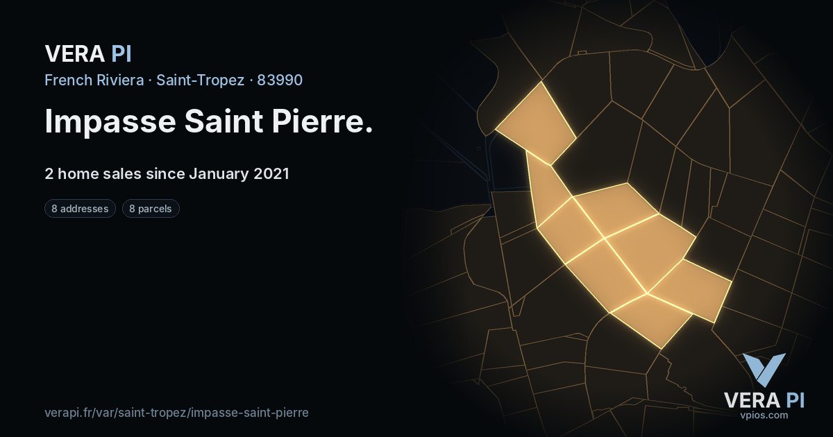 Impasse Saint Pierre, Saint-Tropez at night – every parcel coloured by the prices around it, the street's own parcels lit
