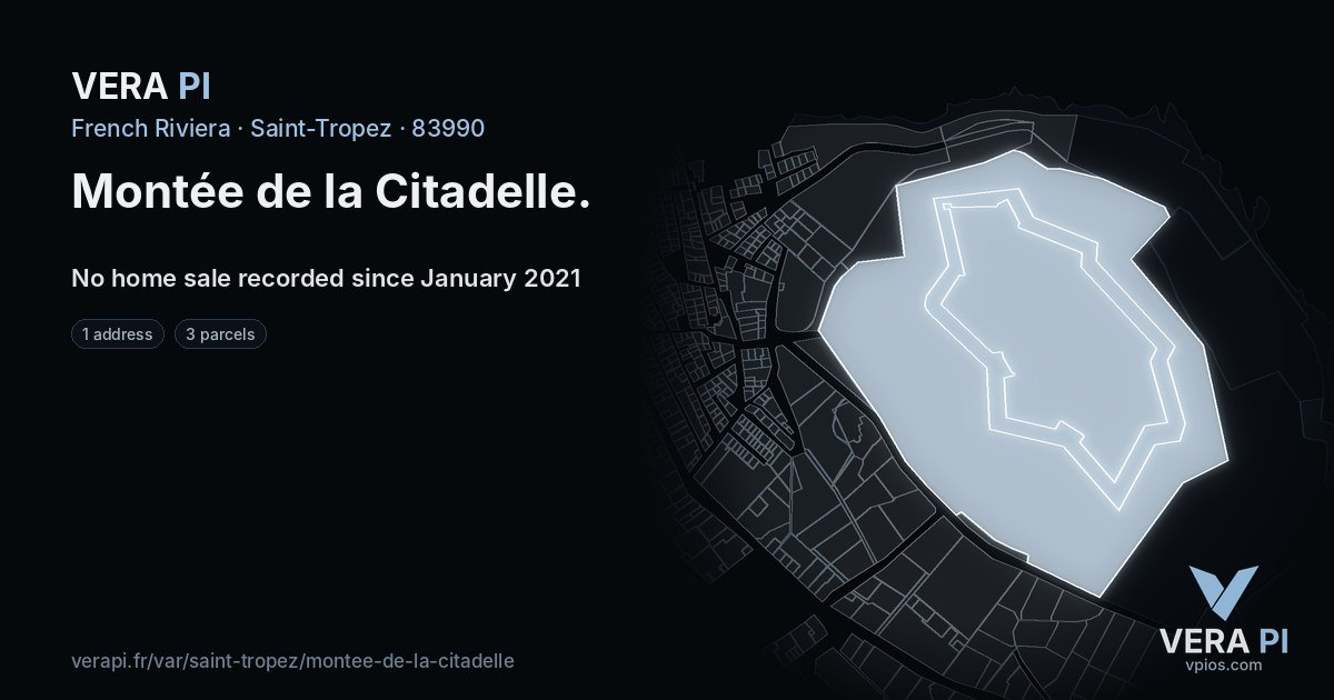 Montée de la Citadelle, Saint-Tropez at night – every parcel coloured by the prices around it, the street's own parcels lit
