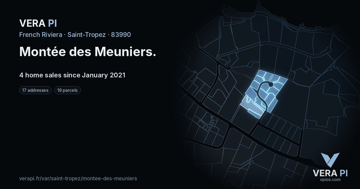 Montée des Meuniers, Saint-Tropez at night – every parcel coloured by the prices around it, the street's own parcels lit