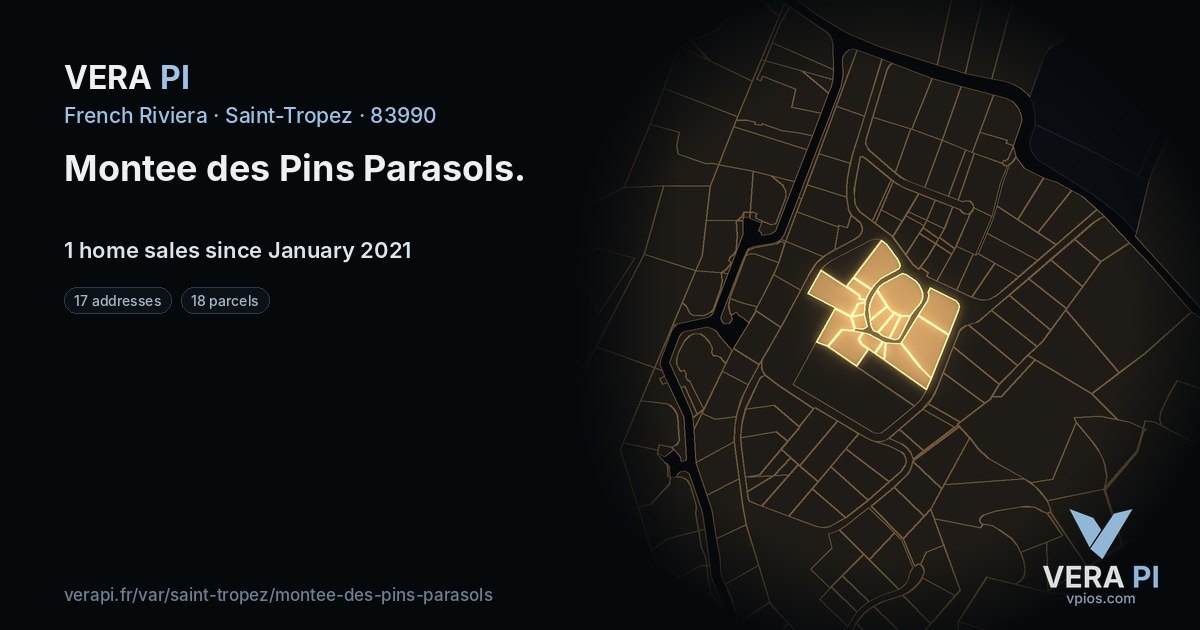 Montee des Pins Parasols, Saint-Tropez at night – every parcel coloured by the prices around it, the street's own parcels lit