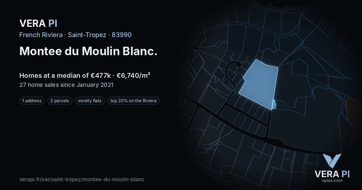 Montee du Moulin Blanc, Saint-Tropez at night – every parcel coloured by the prices around it, the street's own parcels lit