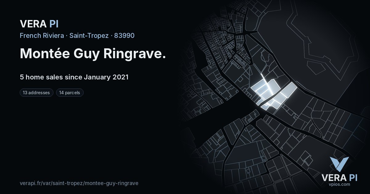 Montée Guy Ringrave, Saint-Tropez at night – every parcel coloured by the prices around it, the street's own parcels lit