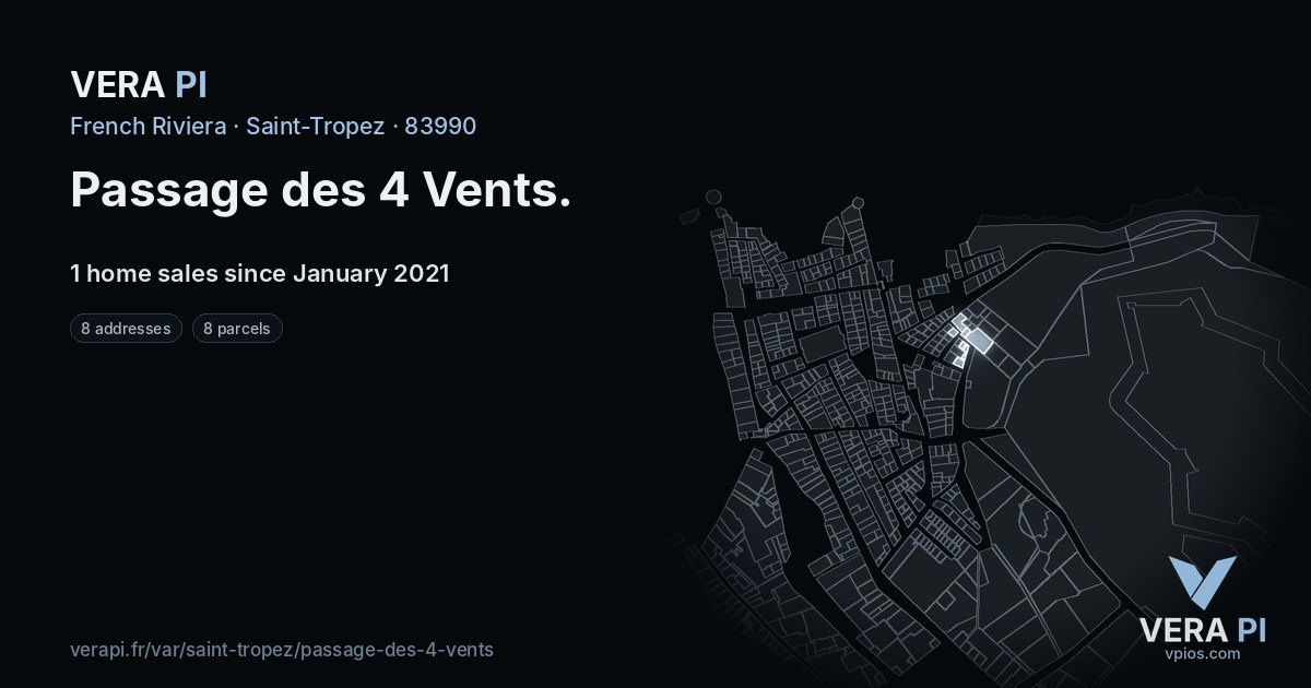 Passage des 4 Vents, Saint-Tropez at night – every parcel coloured by the prices around it, the street's own parcels lit