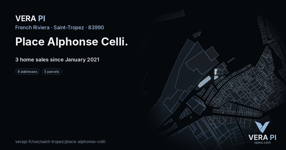 Place Alphonse Celli, Saint-Tropez at night – every parcel coloured by the prices around it, the street's own parcels lit