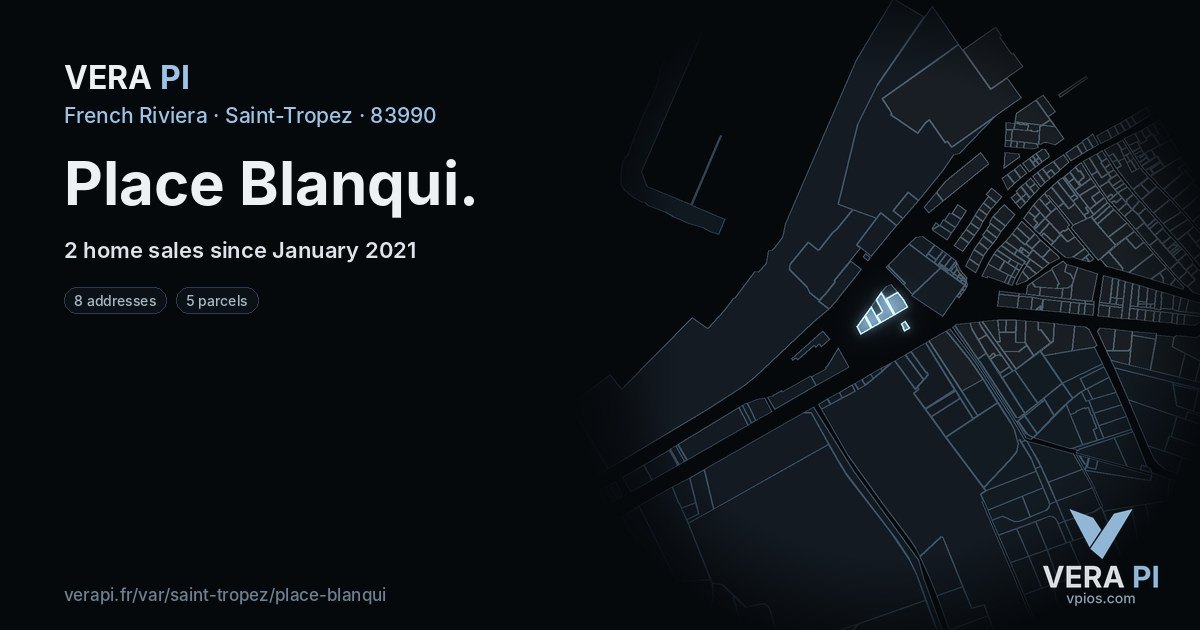 Place Blanqui, Saint-Tropez at night – every parcel coloured by the prices around it, the street's own parcels lit