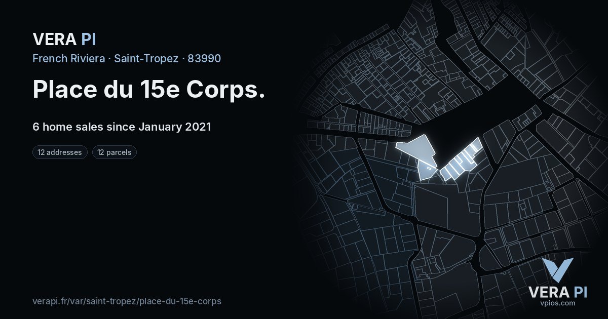 Place du 15e Corps, Saint-Tropez at night – every parcel coloured by the prices around it, the street's own parcels lit