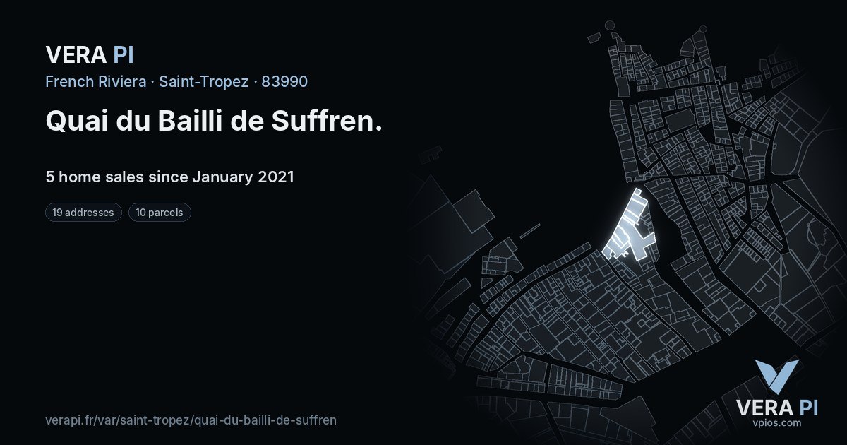 Quai du Bailli de Suffren, Saint-Tropez at night – every parcel coloured by the prices around it, the street's own parcels lit