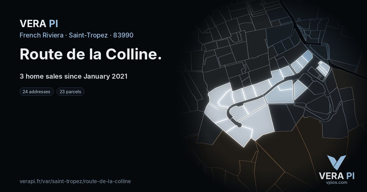 Route de la Colline, Saint-Tropez at night – every parcel coloured by the prices around it, the street's own parcels lit