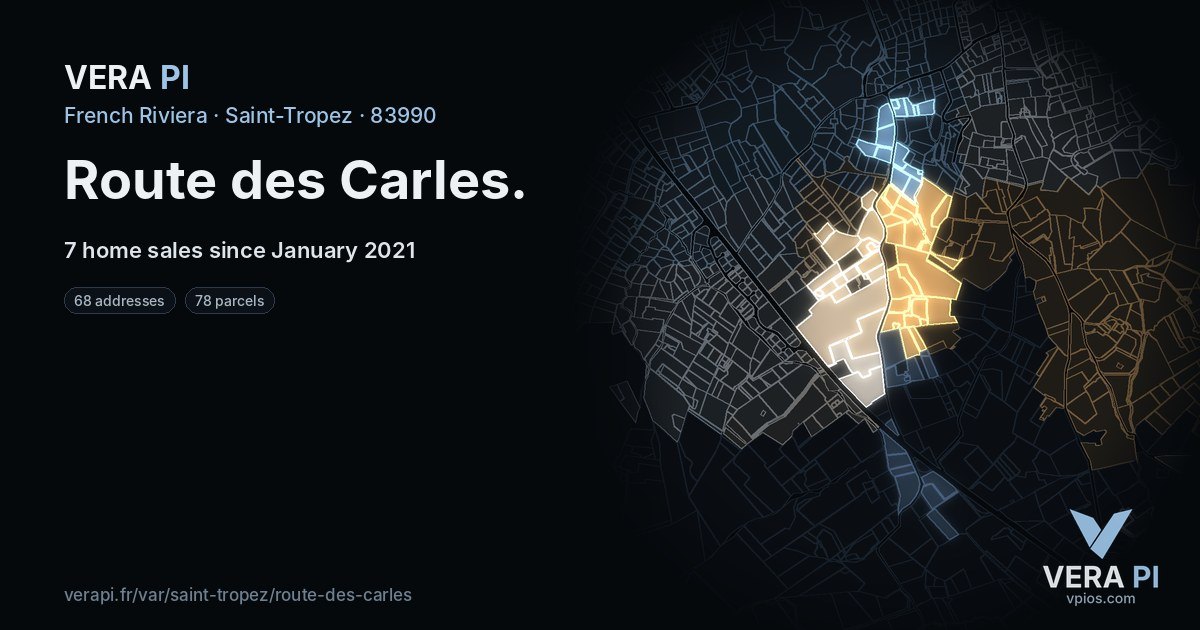 Route des Carles, Saint-Tropez at night – every parcel coloured by the prices around it, the street's own parcels lit