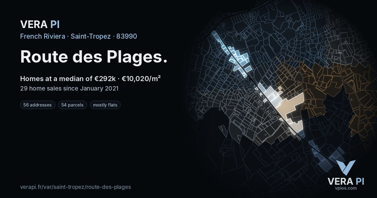 Route des Plages, Saint-Tropez at night – every parcel coloured by the prices around it, the street's own parcels lit