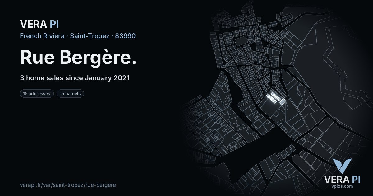 Rue Bergère, Saint-Tropez at night – every parcel coloured by the prices around it, the street's own parcels lit