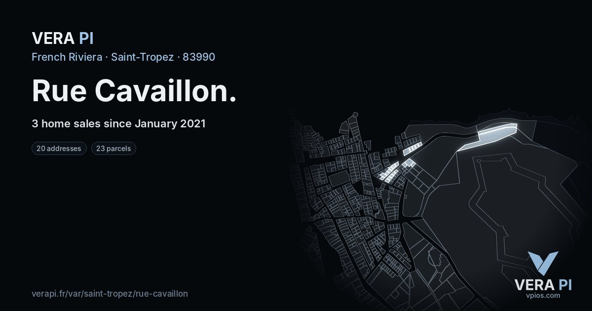 Rue Cavaillon, Saint-Tropez at night – every parcel coloured by the prices around it, the street's own parcels lit