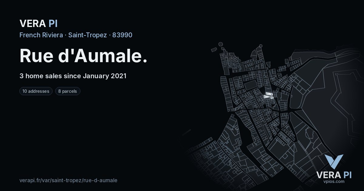 Rue d'Aumale, Saint-Tropez at night – every parcel coloured by the prices around it, the street's own parcels lit