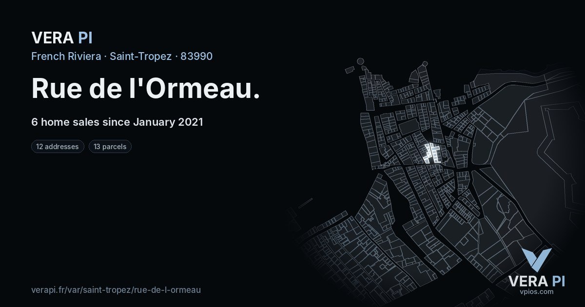 Rue de l'Ormeau, Saint-Tropez at night – every parcel coloured by the prices around it, the street's own parcels lit