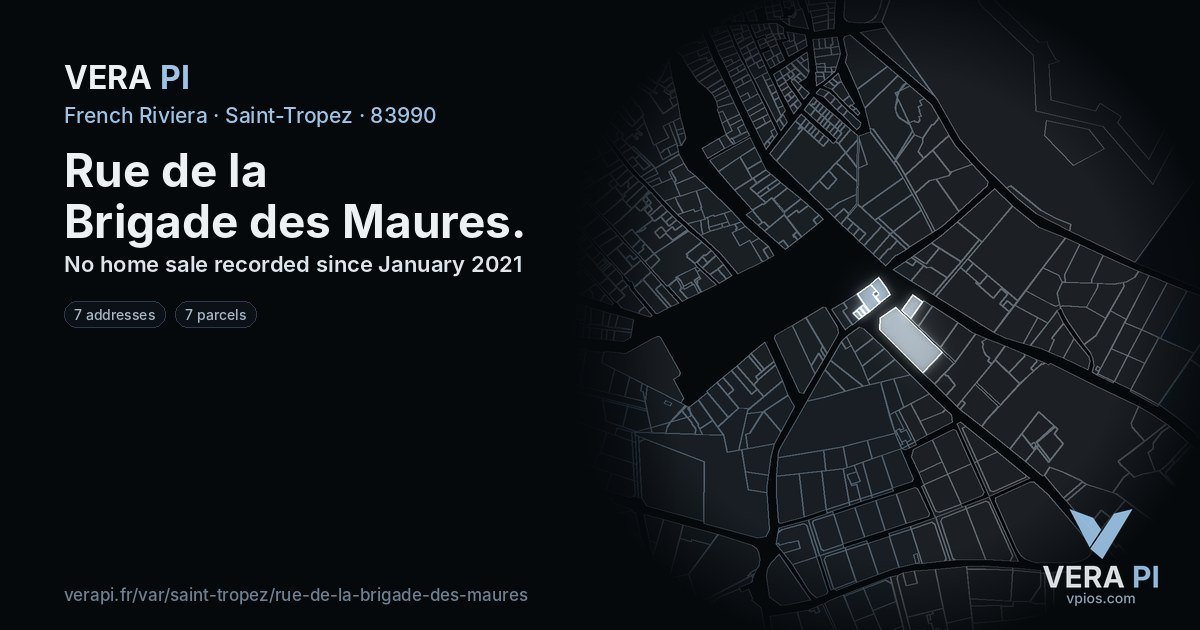 Rue de la Brigade des Maures, Saint-Tropez at night – every parcel coloured by the prices around it, the street's own parcels lit