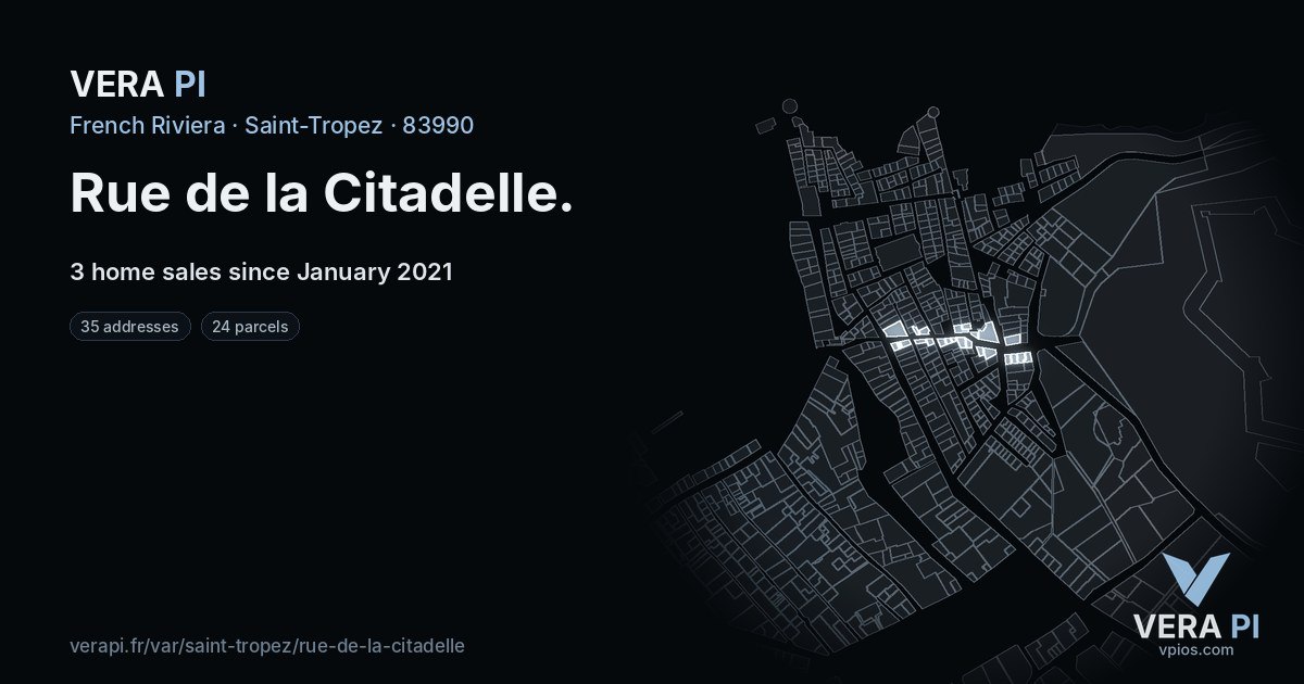Rue de la Citadelle, Saint-Tropez at night – every parcel coloured by the prices around it, the street's own parcels lit