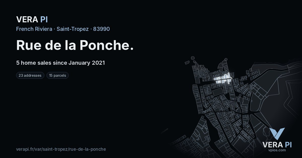Rue de la Ponche, Saint-Tropez at night – every parcel coloured by the prices around it, the street's own parcels lit