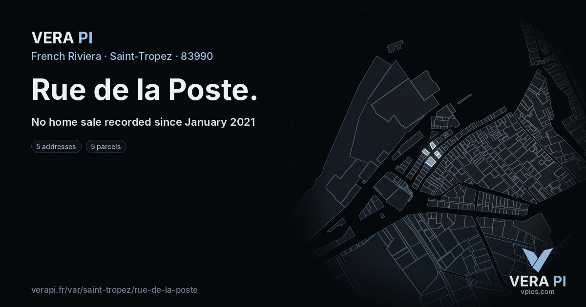Rue de la Poste, Saint-Tropez at night – every parcel coloured by the prices around it, the street's own parcels lit