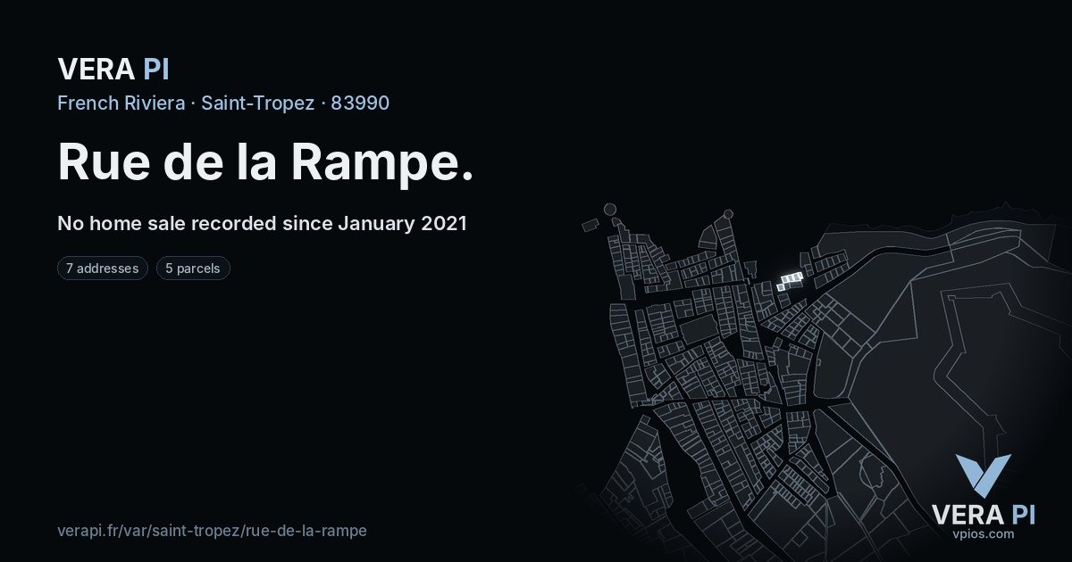 Rue de la Rampe, Saint-Tropez at night – every parcel coloured by the prices around it, the street's own parcels lit