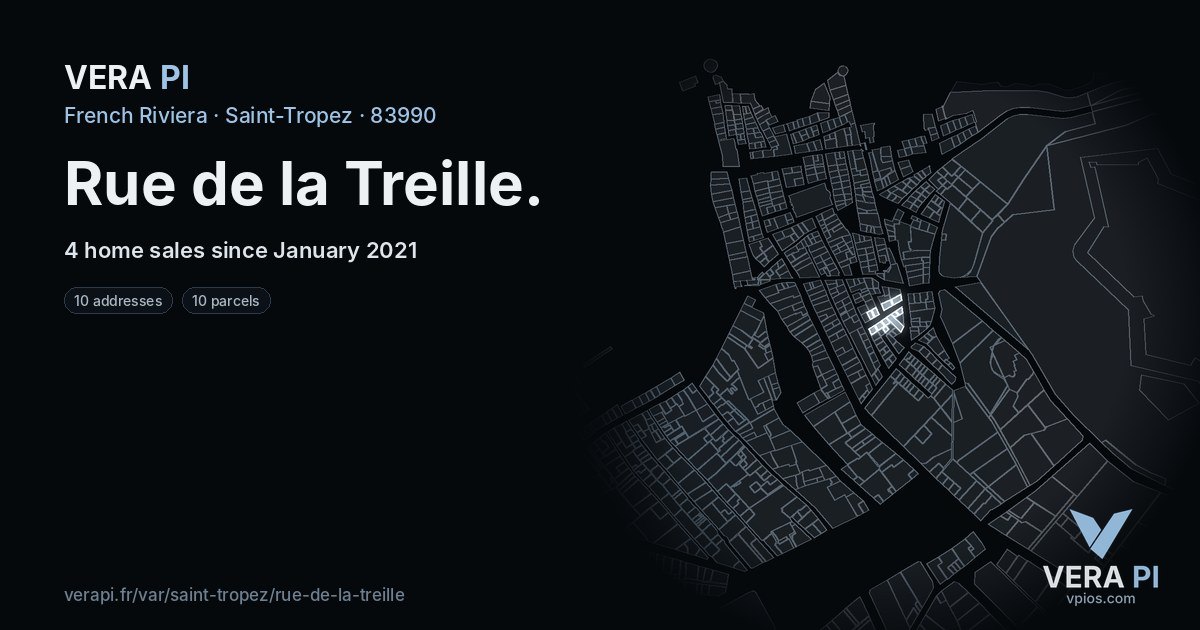Rue de la Treille, Saint-Tropez at night – every parcel coloured by the prices around it, the street's own parcels lit