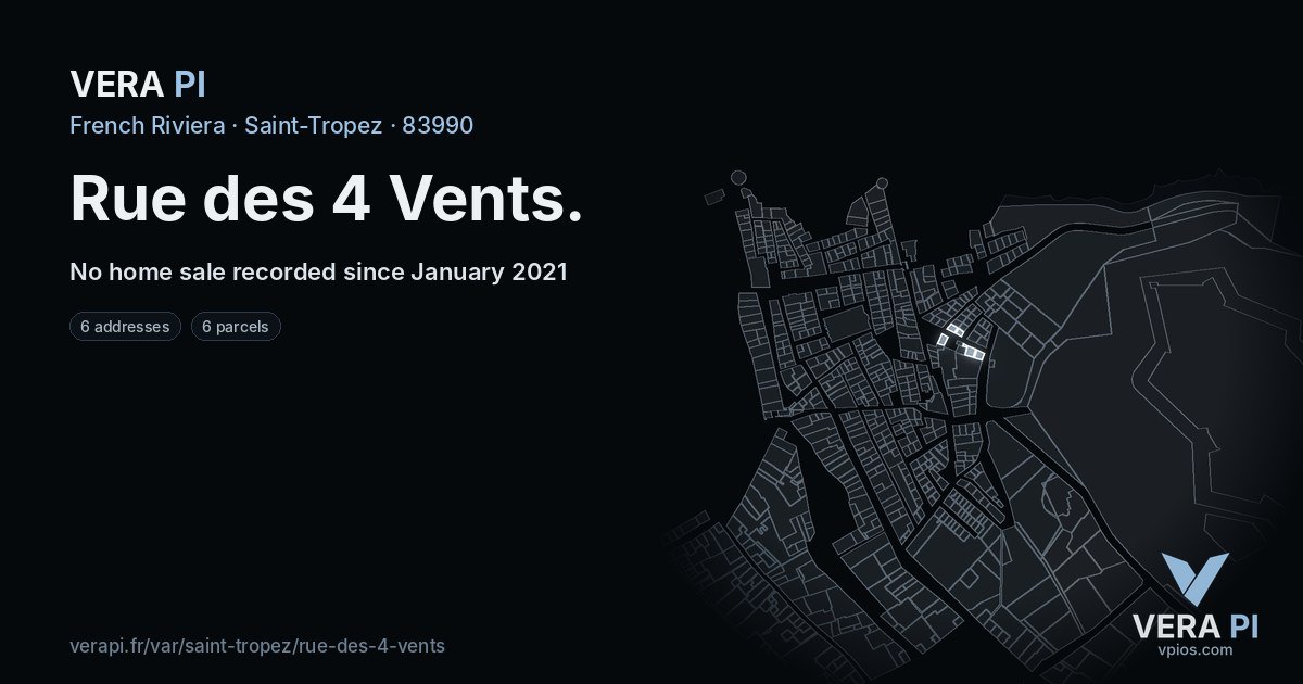 Rue des 4 Vents, Saint-Tropez at night – every parcel coloured by the prices around it, the street's own parcels lit