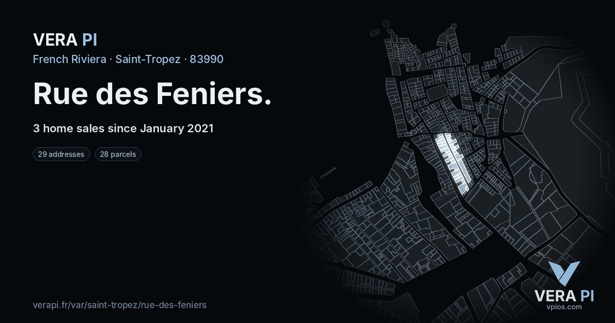Rue des Feniers, Saint-Tropez at night – every parcel coloured by the prices around it, the street's own parcels lit