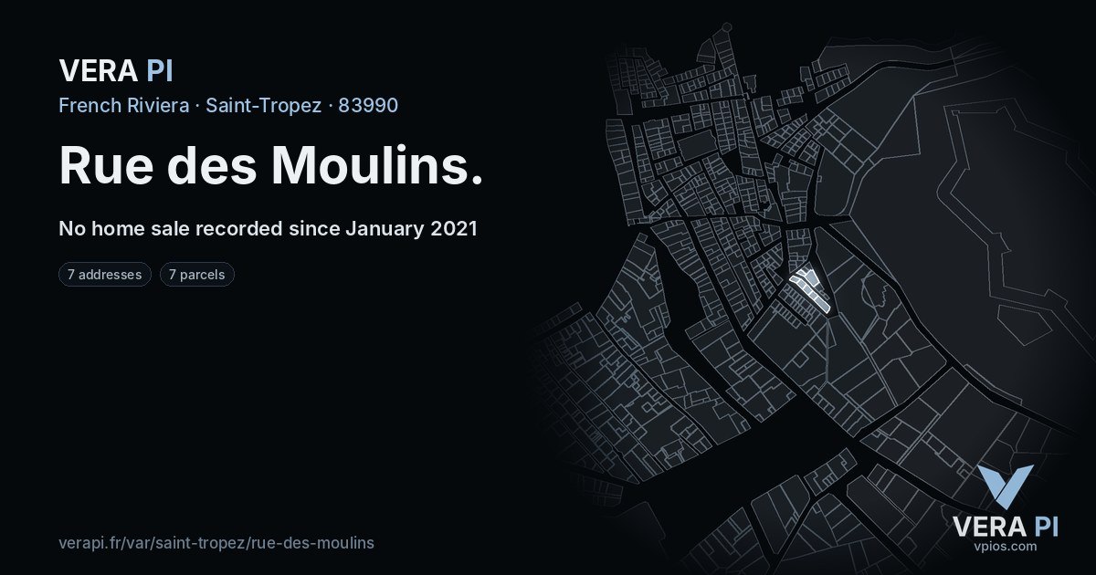 Rue des Moulins, Saint-Tropez at night – every parcel coloured by the prices around it, the street's own parcels lit
