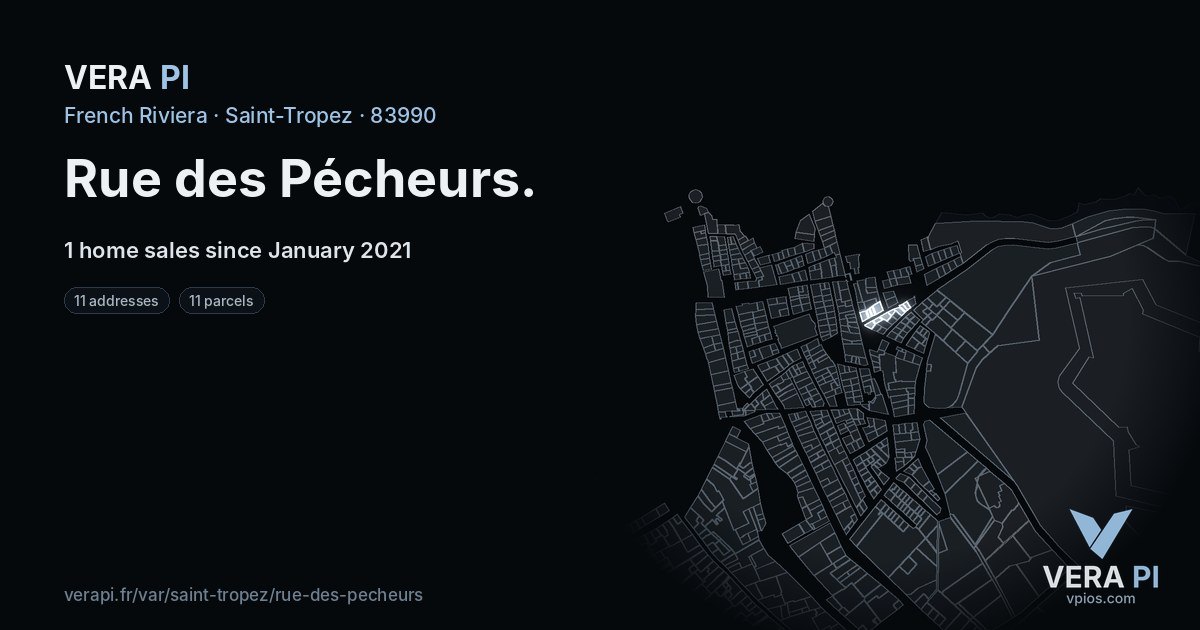 Rue des Pécheurs, Saint-Tropez at night – every parcel coloured by the prices around it, the street's own parcels lit