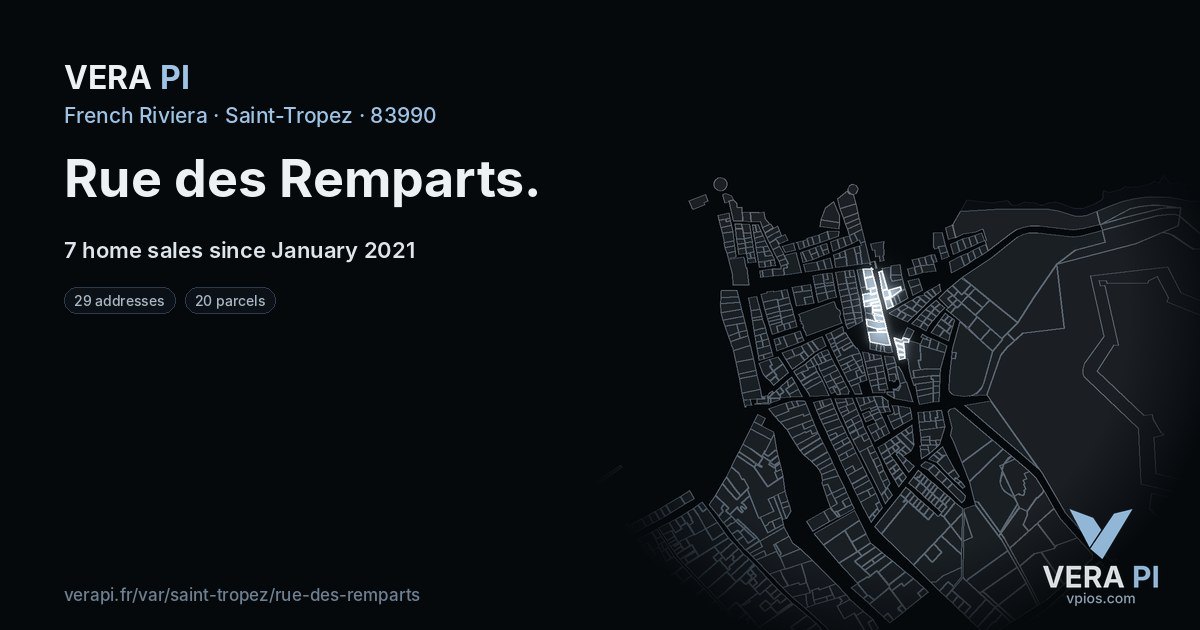 Rue des Remparts, Saint-Tropez at night – every parcel coloured by the prices around it, the street's own parcels lit