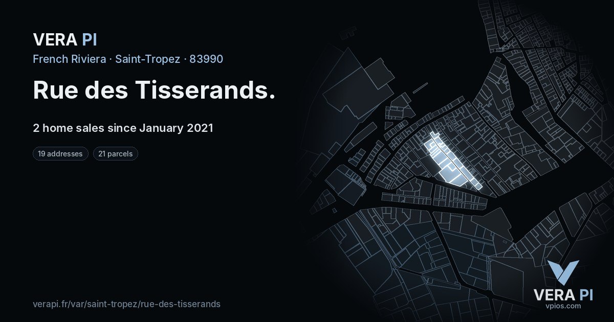 Rue des Tisserands, Saint-Tropez at night – every parcel coloured by the prices around it, the street's own parcels lit