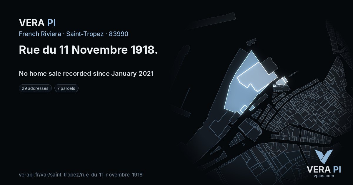 Rue du 11 Novembre 1918, Saint-Tropez at night – every parcel coloured by the prices around it, the street's own parcels lit